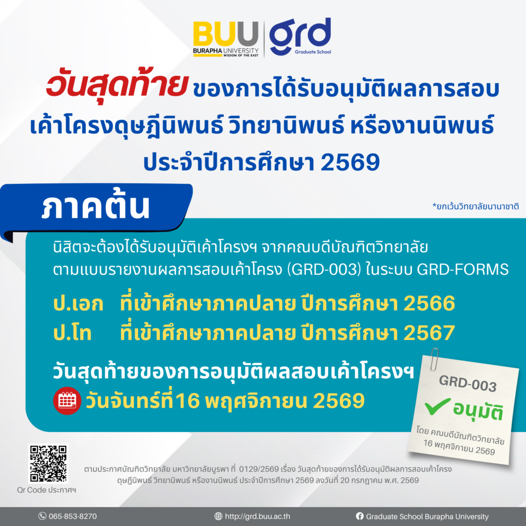 วันสุดท้ายของการได้รับอนุมัติผลการสอบเค้าโครงดุษฎีนิพนธ์ วิทยานิพนธ์ หรืองานนิพนธ์ ประจำปีการศึกษา 2569