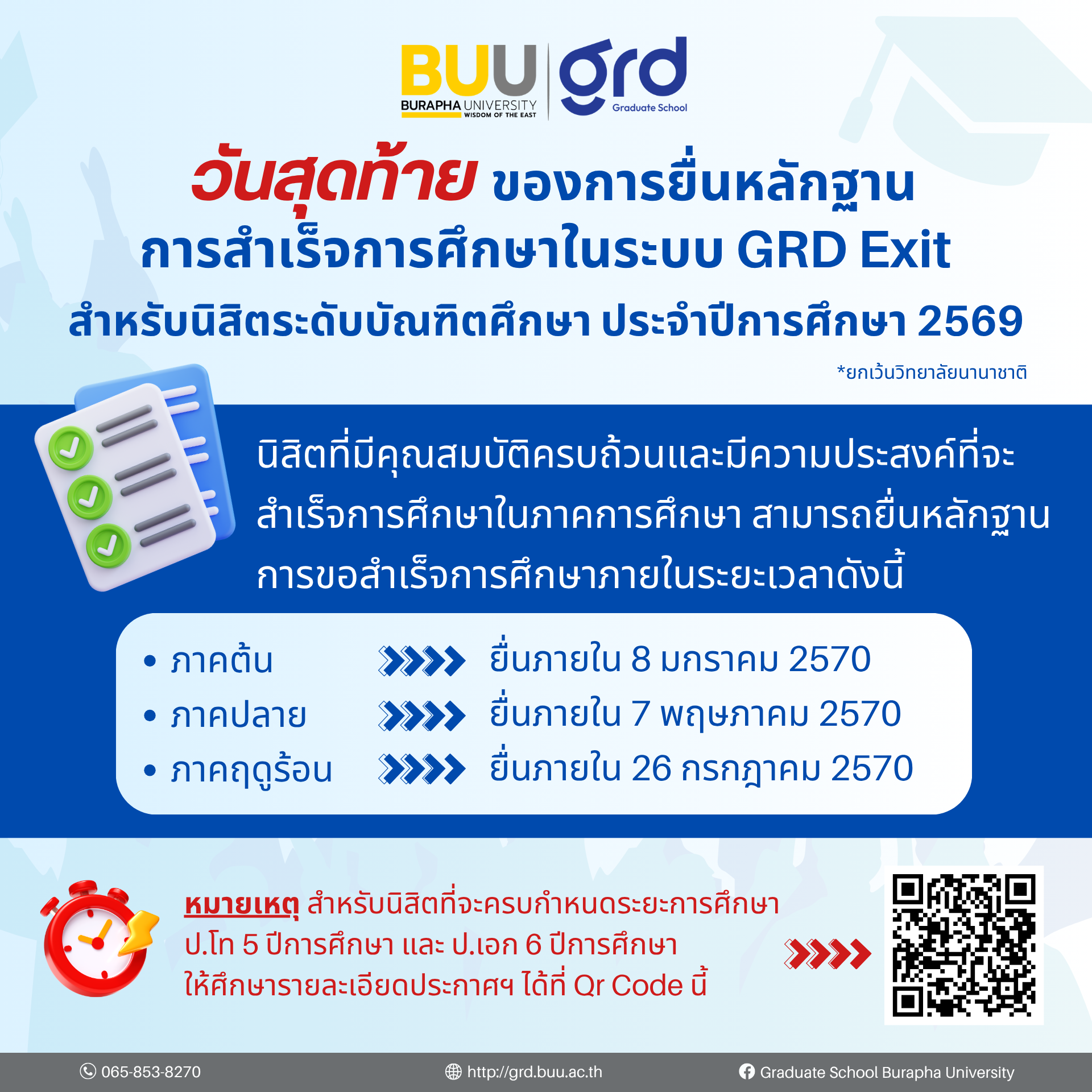 วันสุดท้ายของการยื่นหลักฐานการสำเร็จการศึกษาในระบบ GRD Exit สำหรับนิสิตระดับบัณฑิตศึกษา ประจำปีการศึกษา 2569